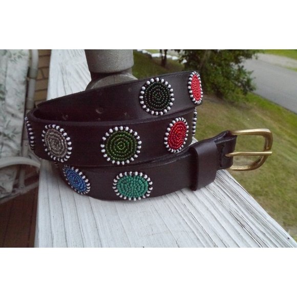 Belt Beaded Circles Handmade Masaai Maasai Masai leather Sz 35 (34\